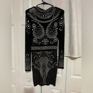 Mock Neck Rhinestone Sheer Mesh Bodycon Dress
